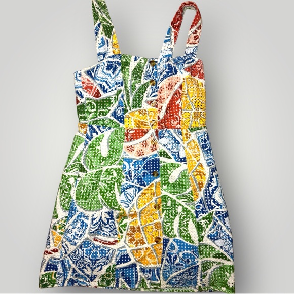 Farm Rio Patchwork Tile Print Mini Dress Bright Multicolor Summer Dress Medium - Picture 3 of 6